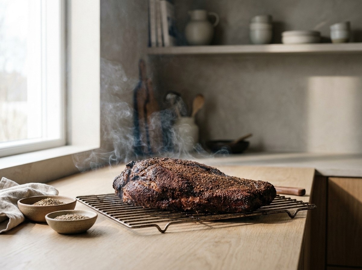 Brisket ahumándose con humo de leña formando la corteza