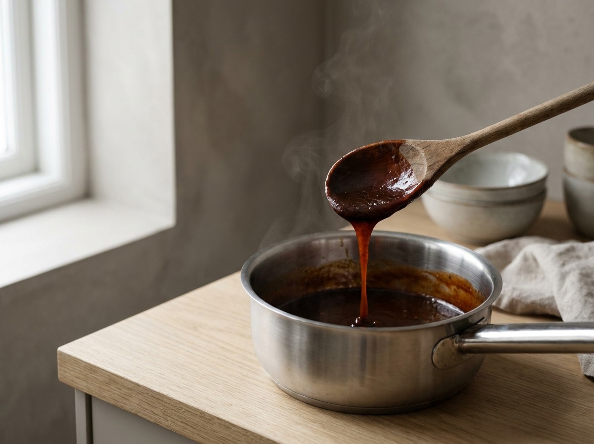 Salsa barbacoa de bourbon reduciéndose brillante en el cazo