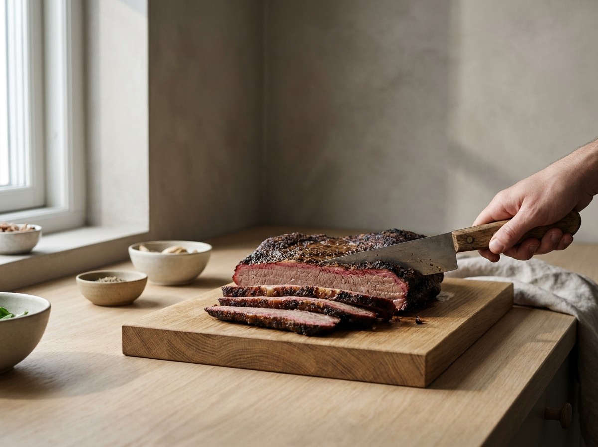 Brisket cortándose contra la fibra mostrando el anillo de humo
