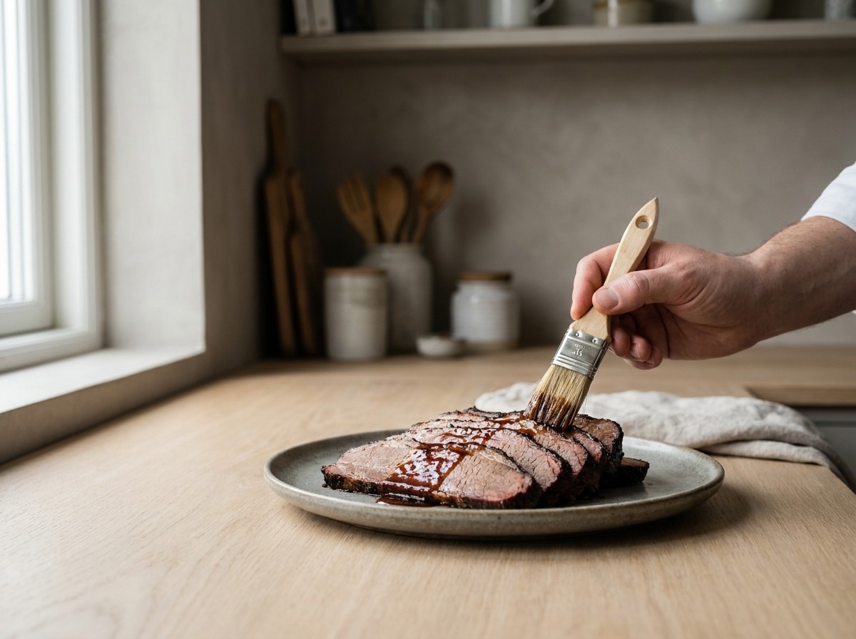 Lonchas de brisket glaseándose con salsa de bourbon