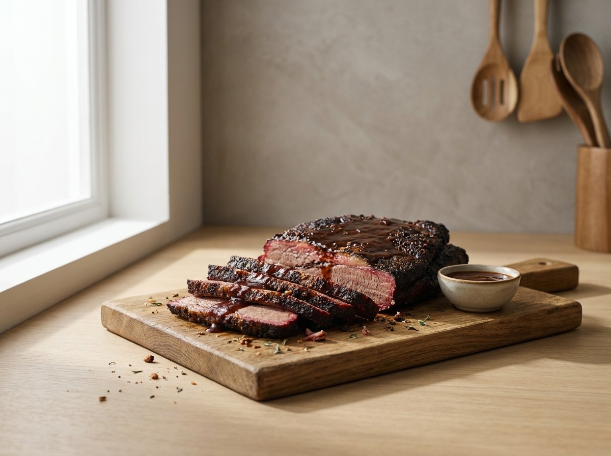 Brisket ahumado en tabla de roble: lonchas gruesas con corteza oscura y anillo de humo rosado, glaseadas con salsa barbacoa de bourbon.