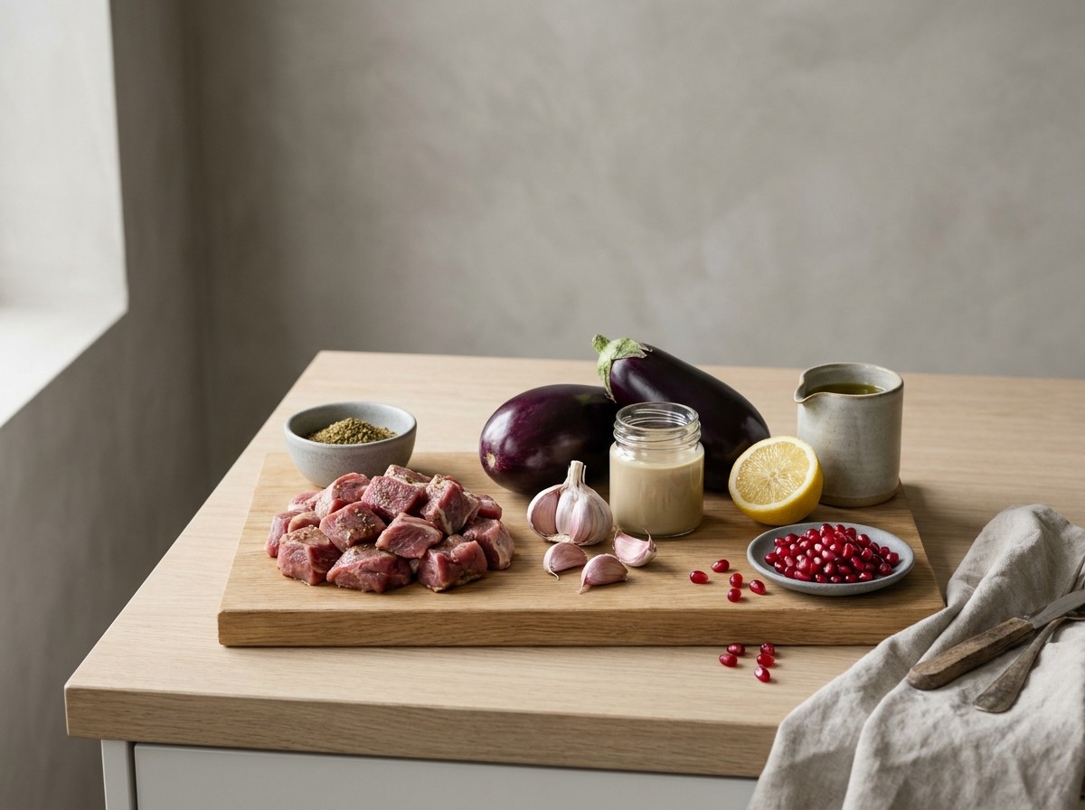 Ingredientes: dados de cordero, za'atar, berenjena, tahini, ajo y limón