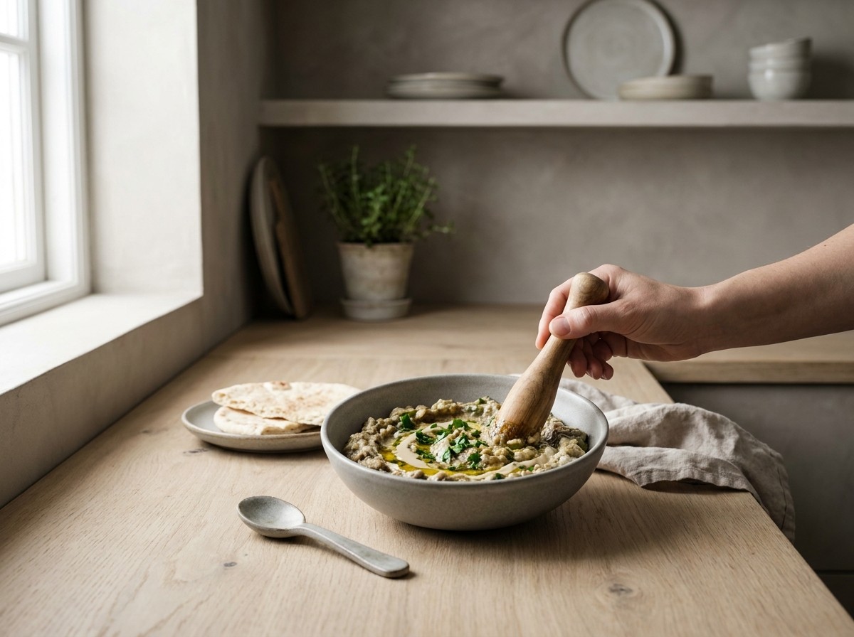 Baba ganoush triturándose cremoso con tahini