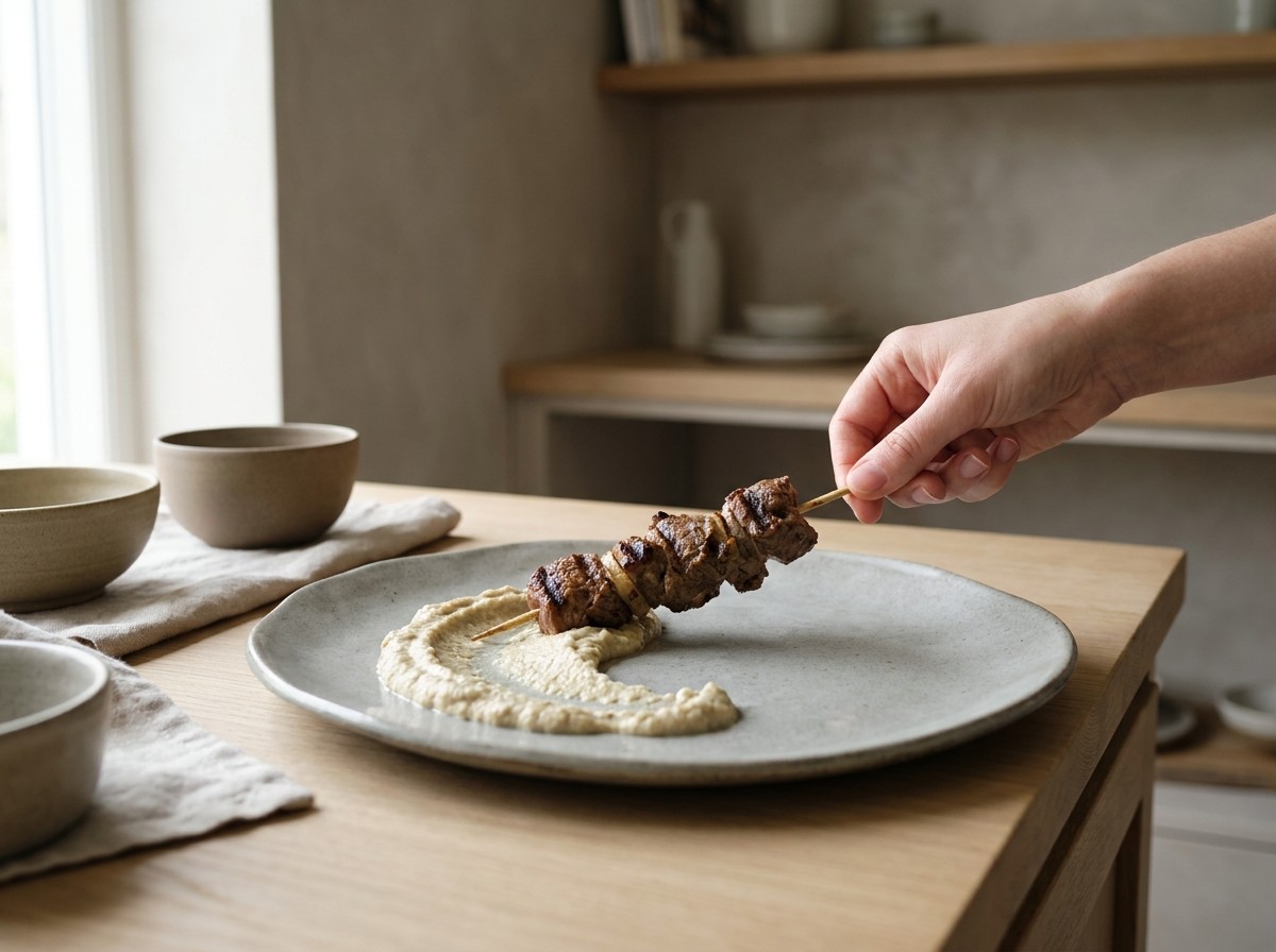 Brochetas emplatándose sobre el baba ganoush