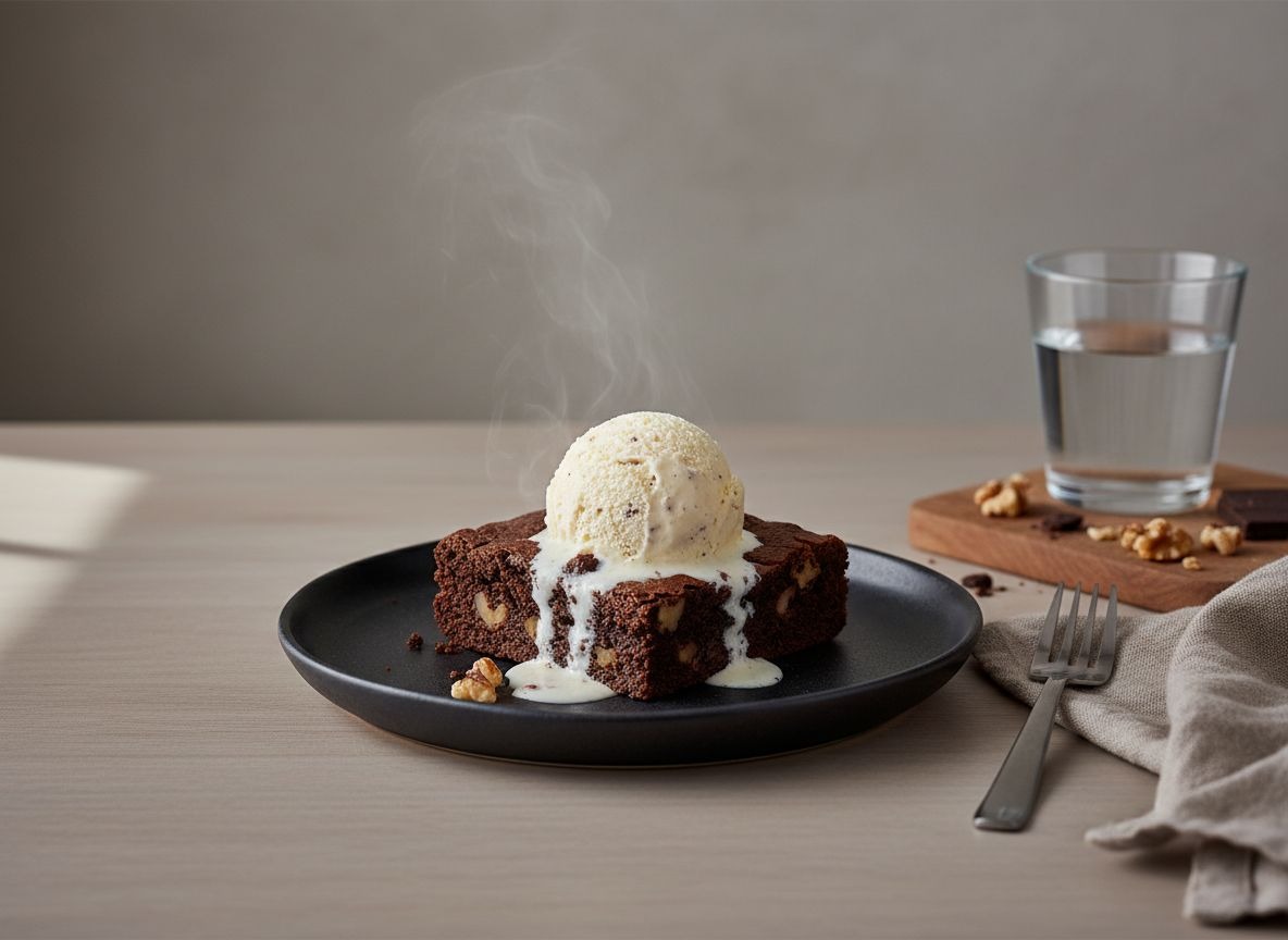 Cuadrado de brownie de chocolate con nueces sobre plato de gres negro mate, con una bola de helado de vainilla derritiéndose encima, interior fundente visible, luz natural suave desde la izquierda.