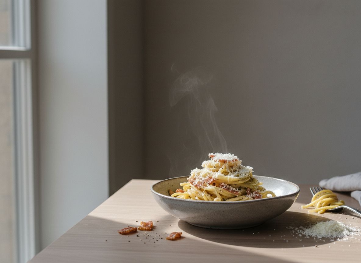Bucatini alla gricia en un cuenco de cerámica gris piedra, cremosos y brillantes con guanciale crujiente y pimienta negra, con un ligero vapor, luz natural suave desde la izquierda.
