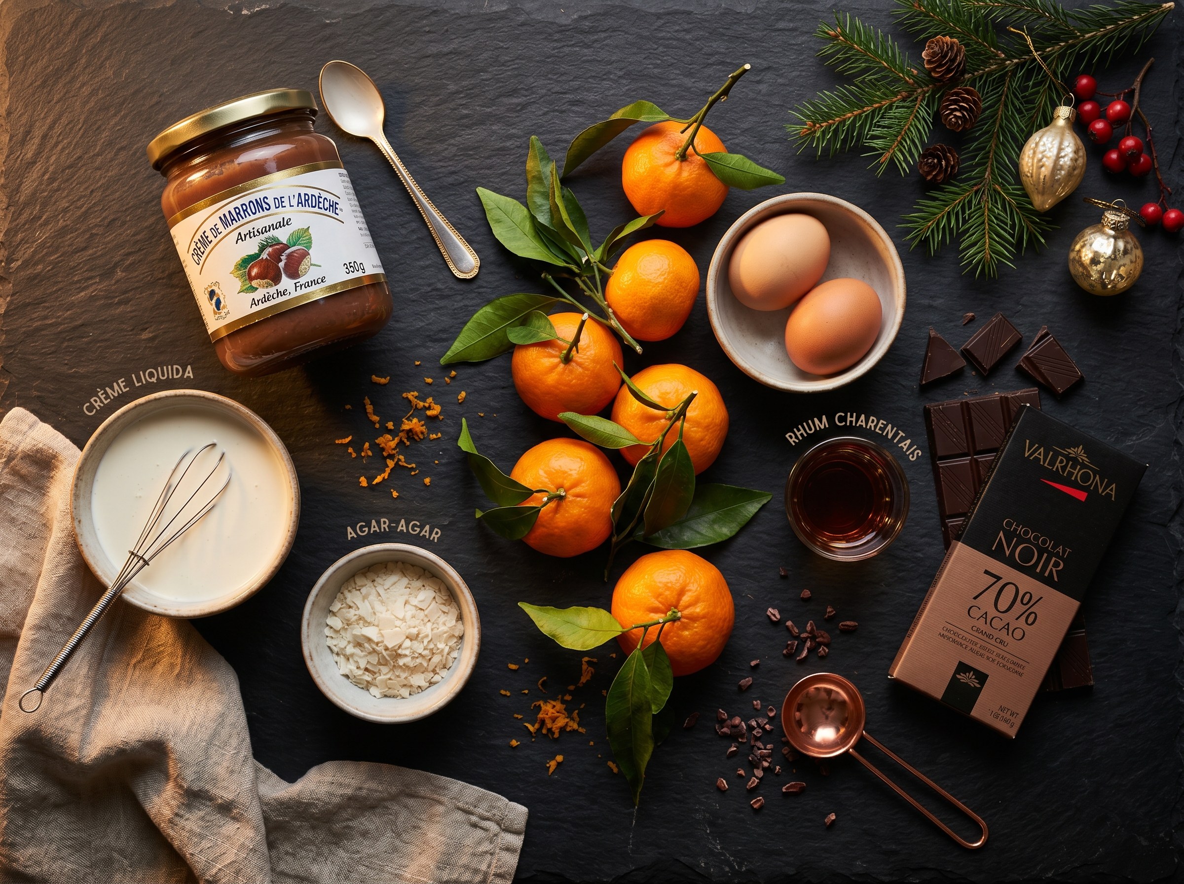 Ingredientes bûche de Noël: crema de castañas Ardèche, mandarinas, chocolate, ron, agar