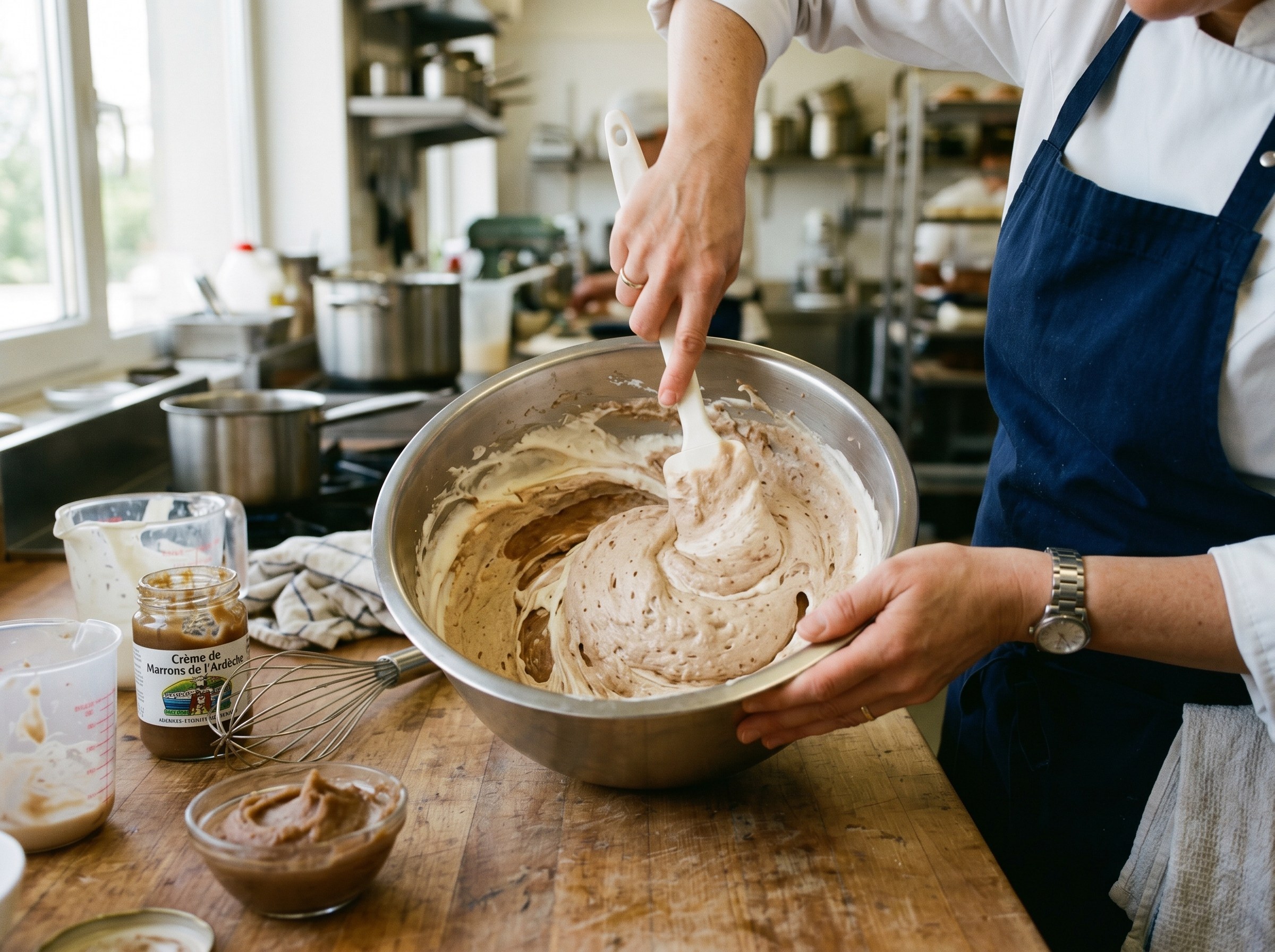 Mousse de castañas: crema de castañas Ardèche incorporándose a la nata semi-montada