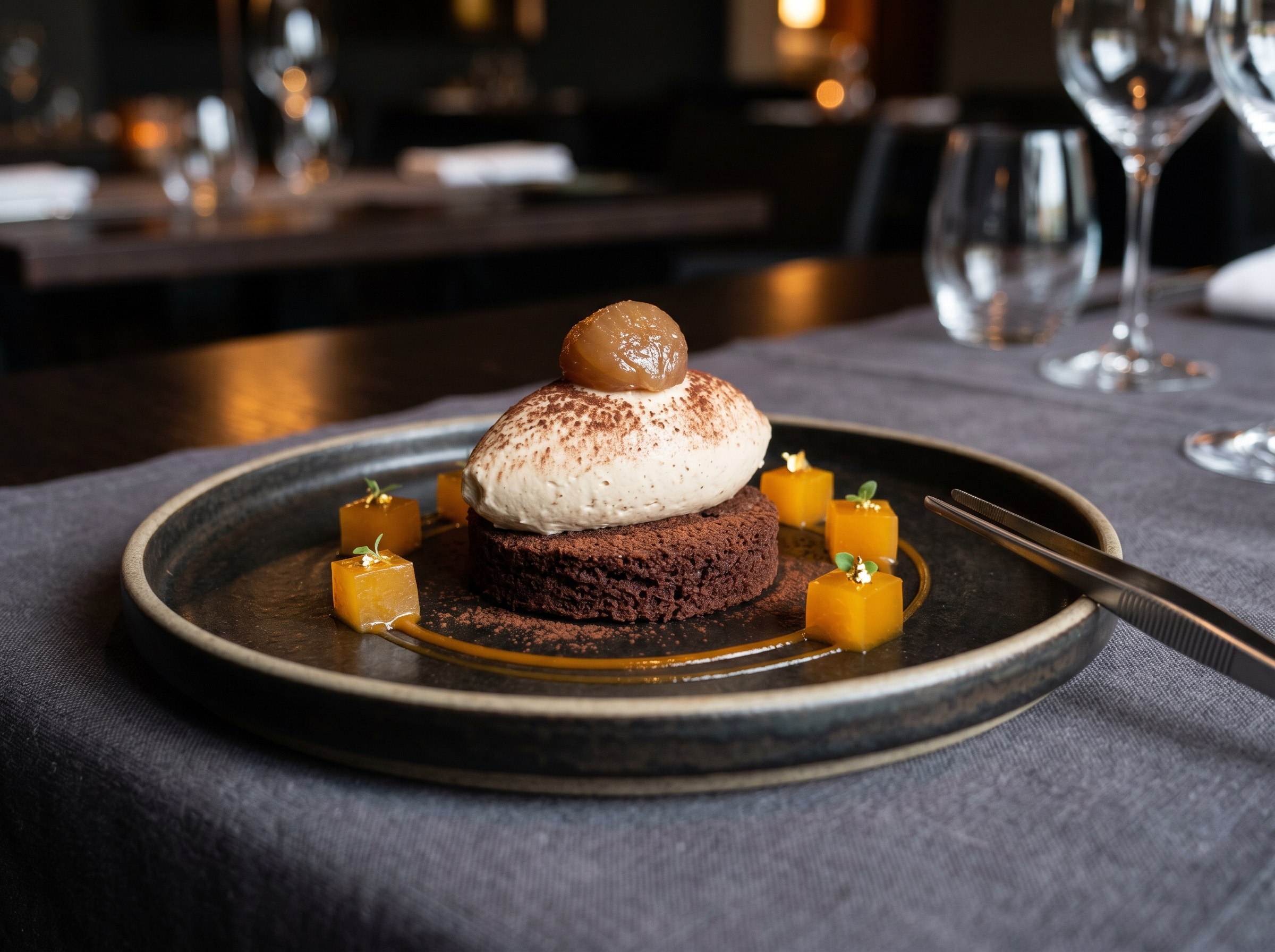 Emplatado: quenelle de mousse de castañas sobre bizcocho de chocolate, dados de mandarina