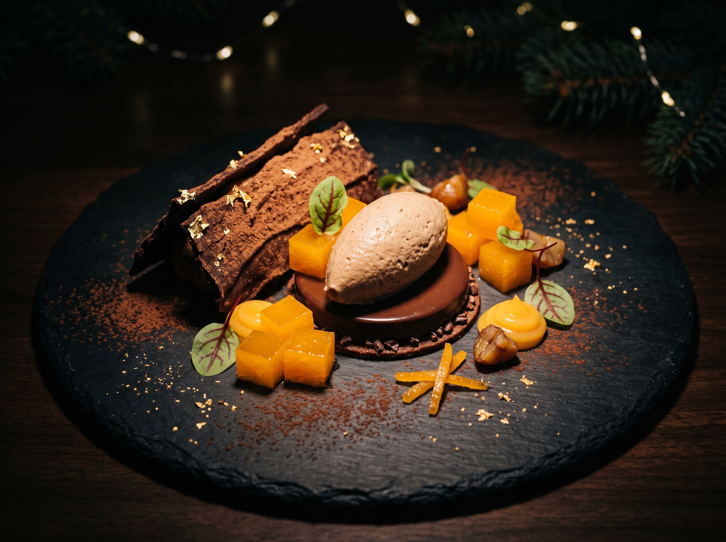 Bûche de Noël deconstruida en plato: mousse de castañas, gelatina de mandarina y bizcocho de chocolate negro.