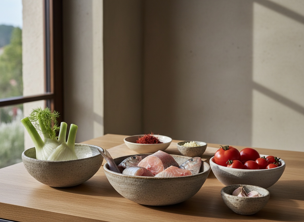 Ingredientes de la bullabesa vistos de lado en angulo de 45 grados sobre superficie de roble: pescado de roca, hinojo, tomate, hebras de azafran y ajo en cuencos de ceramica gris piedra, con luz natural desde la izquierda.