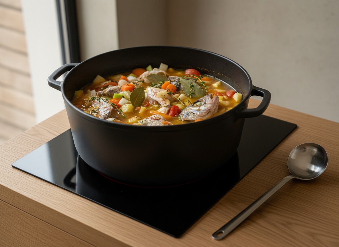 Cabezas y espinas de pescado rehogandose con verduras en una olla grande, sobre superficie de roble con luz suave desde la izquierda.