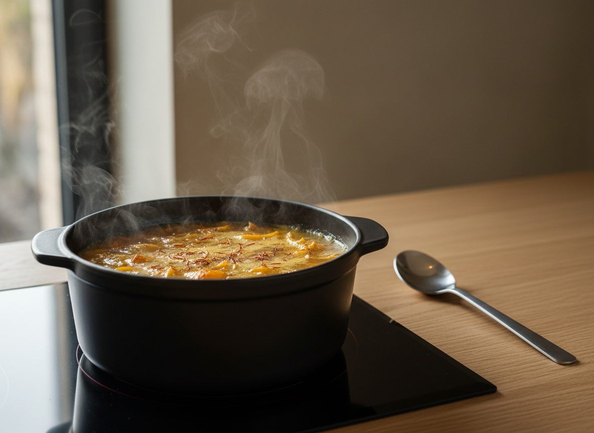 El fumet de roca cociendo a fuego lento con piel de naranja y azafran, superficie dorada con vapor tenue, luz natural desde la izquierda.