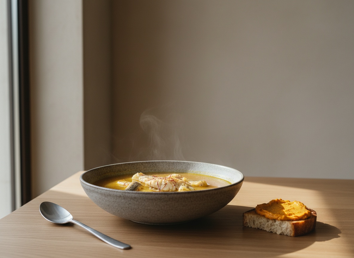 Bullabesa de roca de caldo dorado por el azafran servida en plato hondo de ceramica gris piedra con lomos de pescado, sobre la mesa una tostada con rouille anaranjado, ligero vapor, superficie de roble y luz natural suave desde la izquierda.