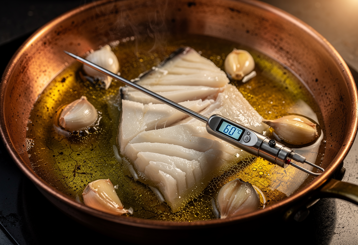 Bacalao desalado confitándose a 60°C en aceite de oliva con ajo