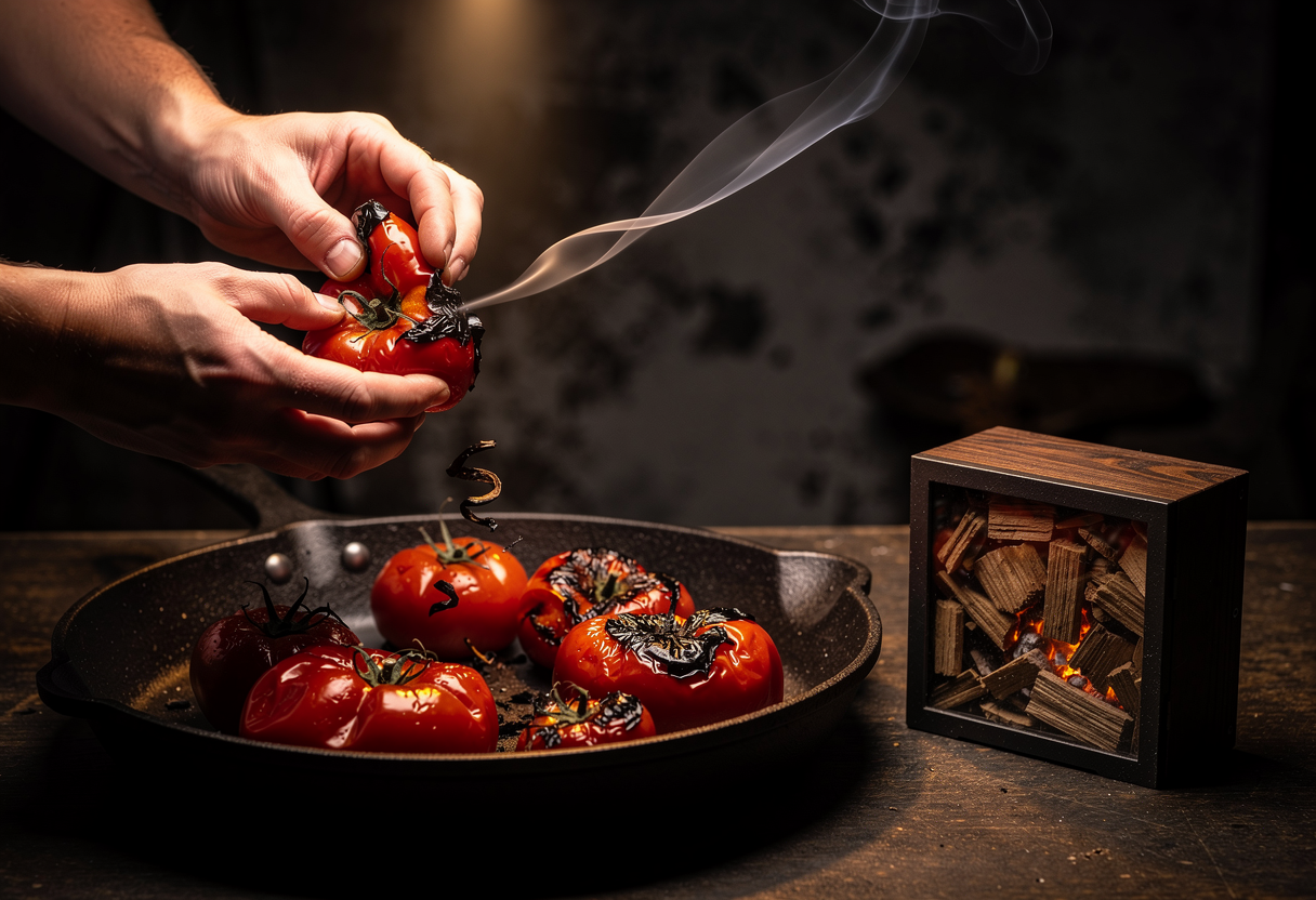 Tomates y pimientos chamuscados siendo pelados con caja de ahumado de roble