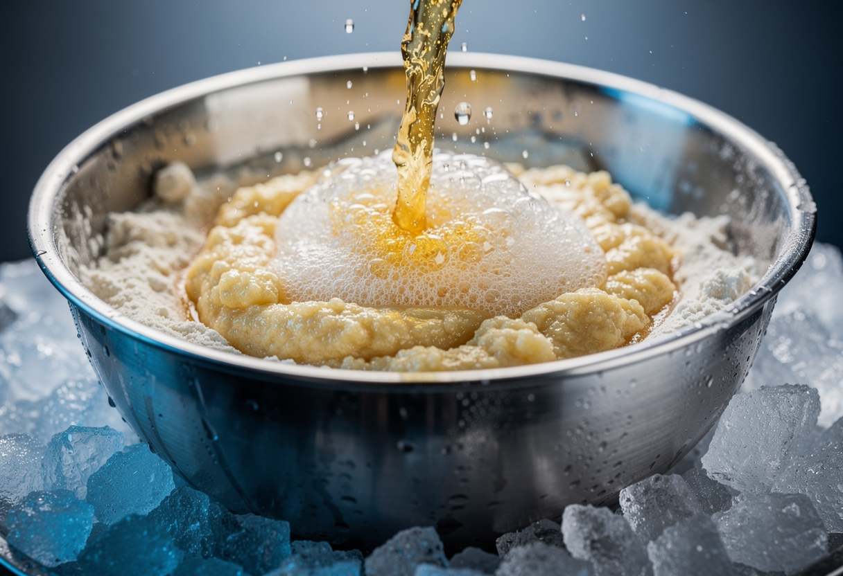Masa de buñuelo con cerveza muy fría sobre hielo, burbujas de carbonatación