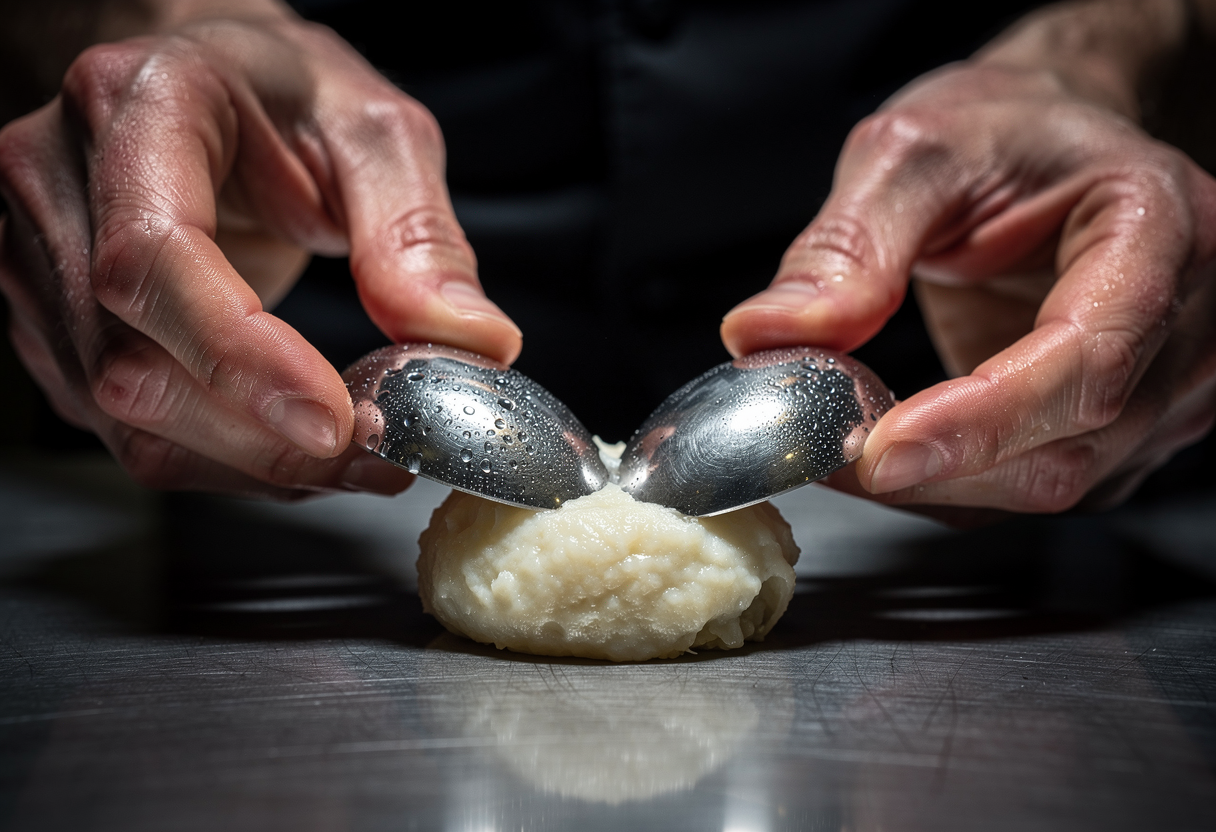 Brandade de bacalao siendo formada en quenelle con dos cucharas