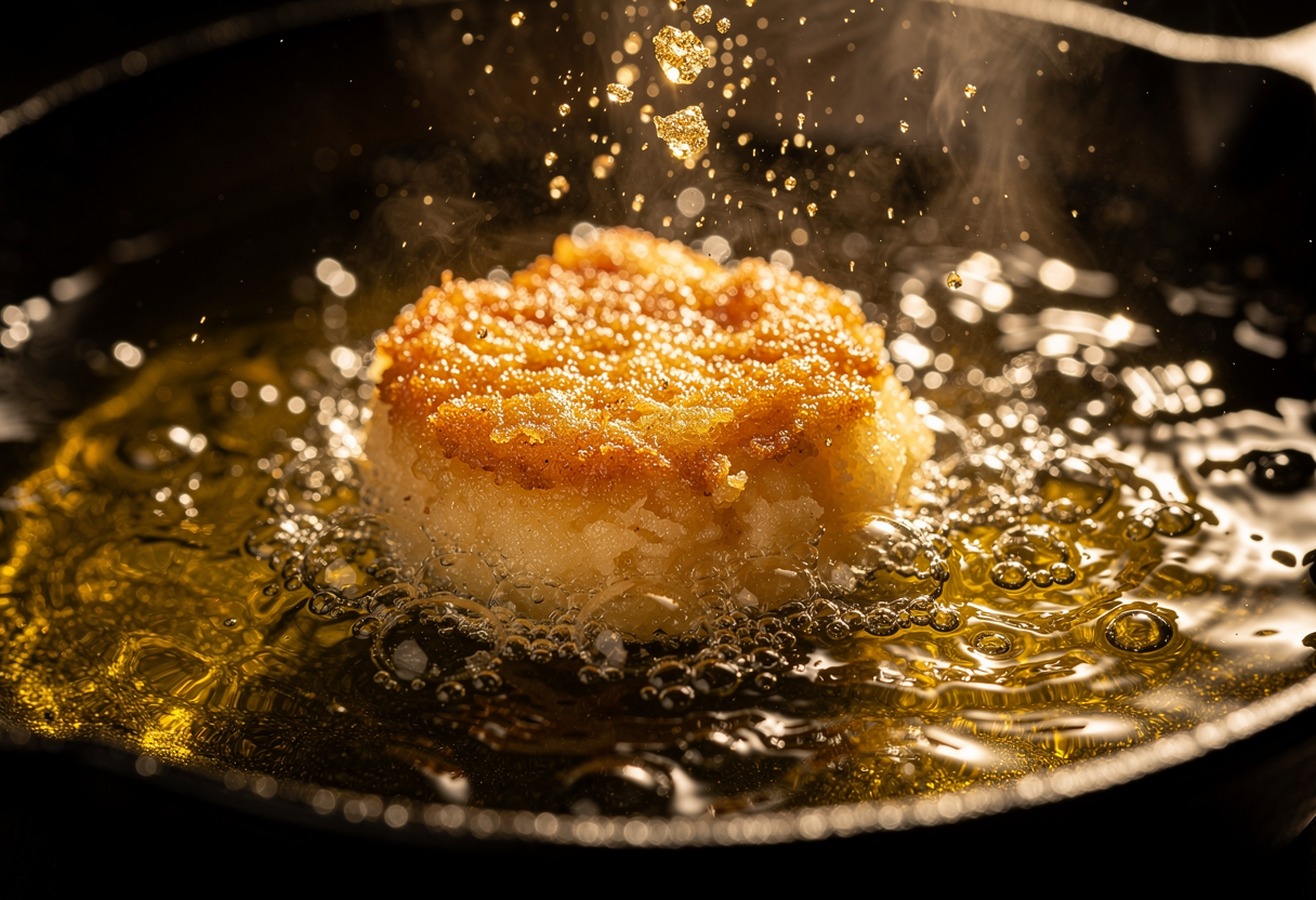 Buñuelo de bacalao friéndose en aceite dorado con salpicaduras