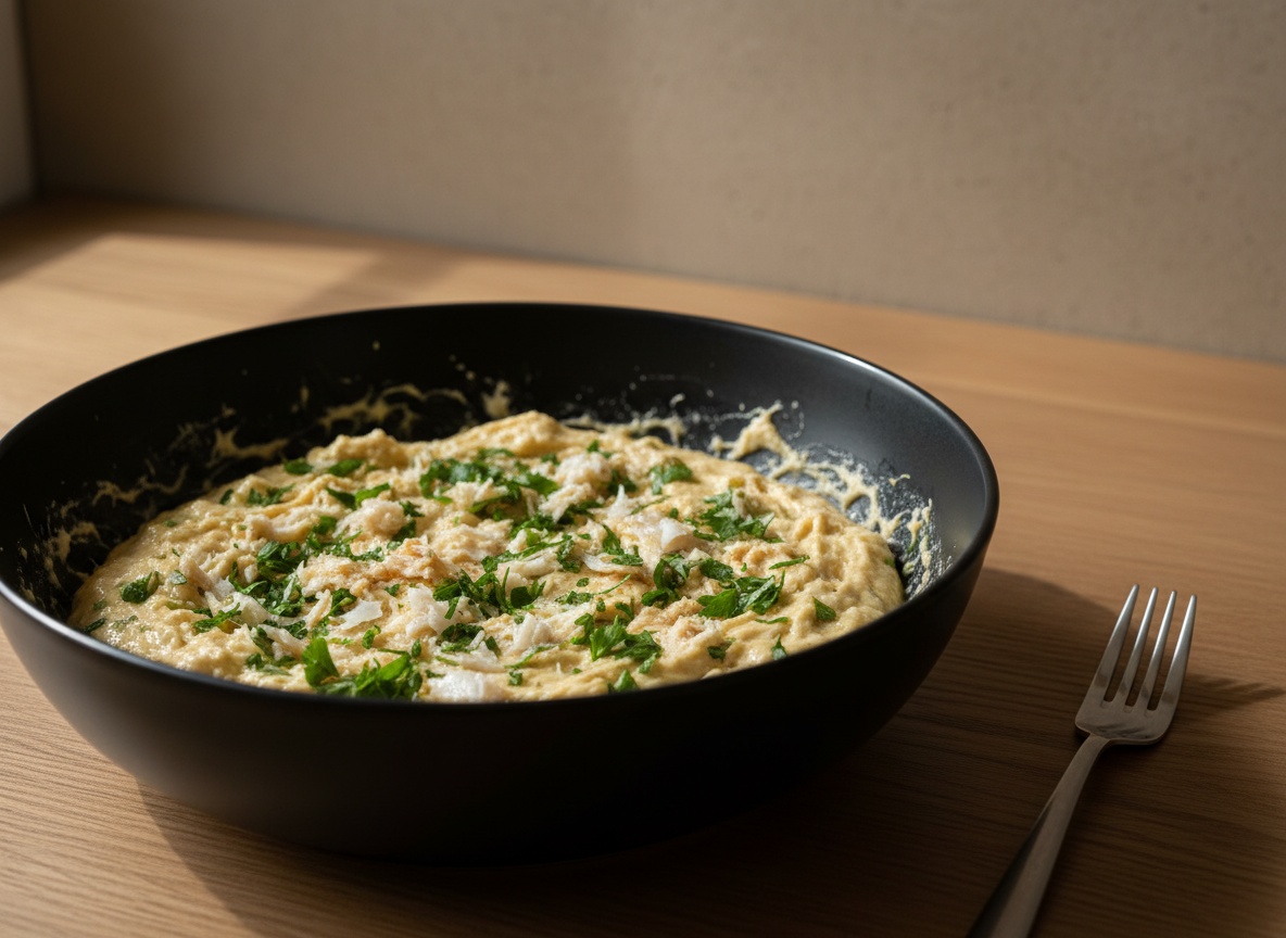 Mezclando el bacalao desmigado y el perejil en la masa de buñuelo