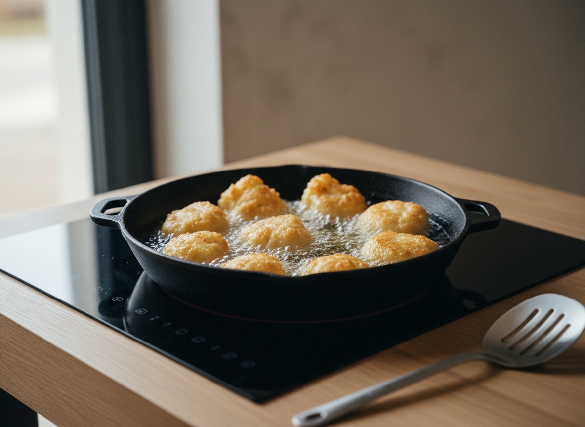 Buñuelos friéndose e inflándose en aceite caliente a 180 grados