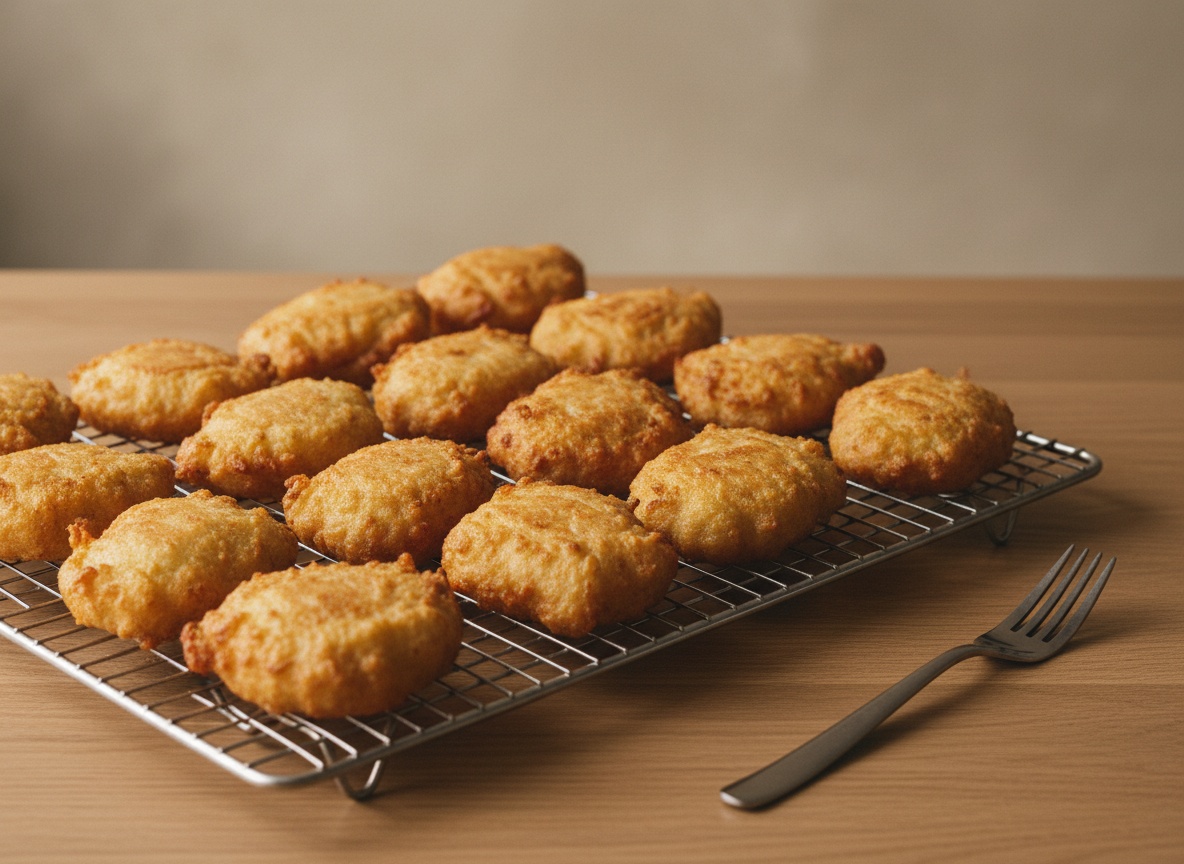 Buñuelos de bacalao escurriendo sobre una rejilla