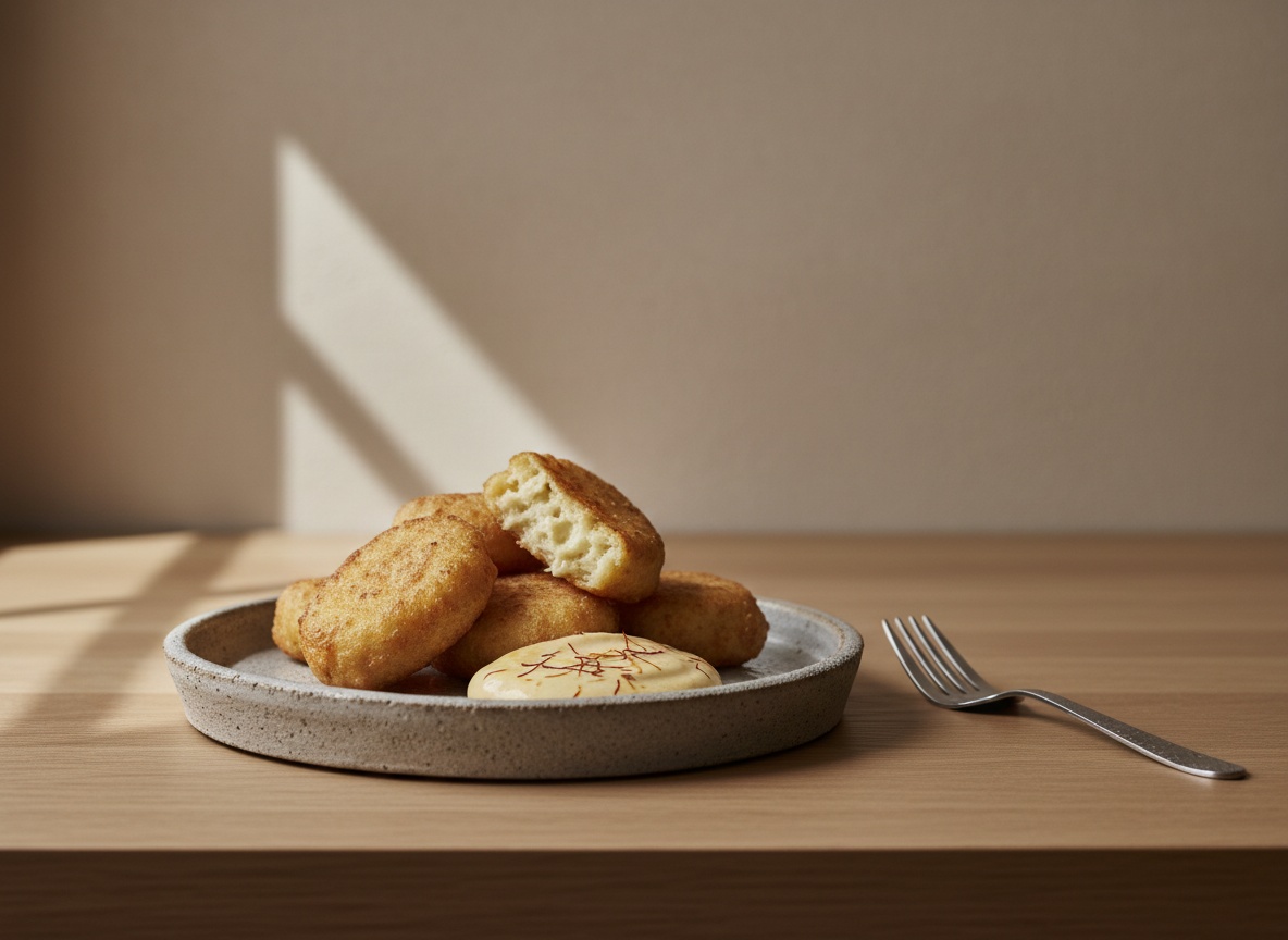 Buñuelos de bacalao dorados y esféricos, uno partido mostrando el interior cremoso, junto a un cuenco de alioli de miel y azafrán de color amarillo intenso, sobre encimera de roble con luz natural.