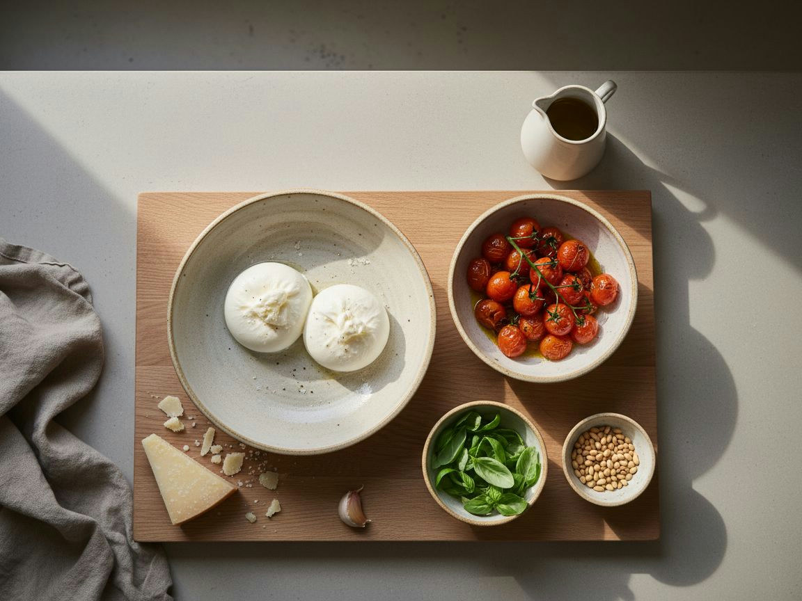 Burrata Cremosa con Tomate Confitado y Pesto