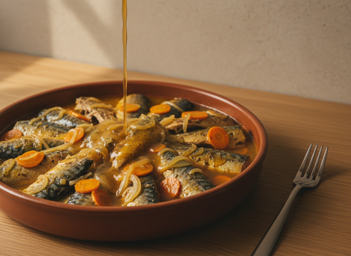 Escabeche templado vertiéndose sobre los lomos de caballa en una fuente honda