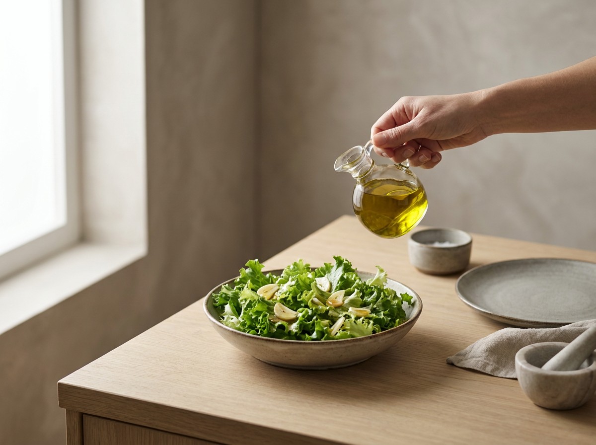 Ensalada de escarola aliñándose en un bol