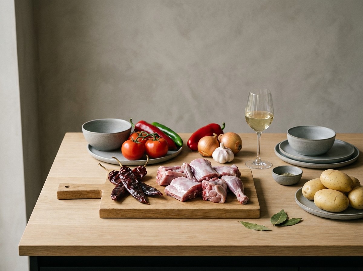 Ingredientes: cabrito troceado, pimiento choricero, tomate, pimientos, cebolla y patata