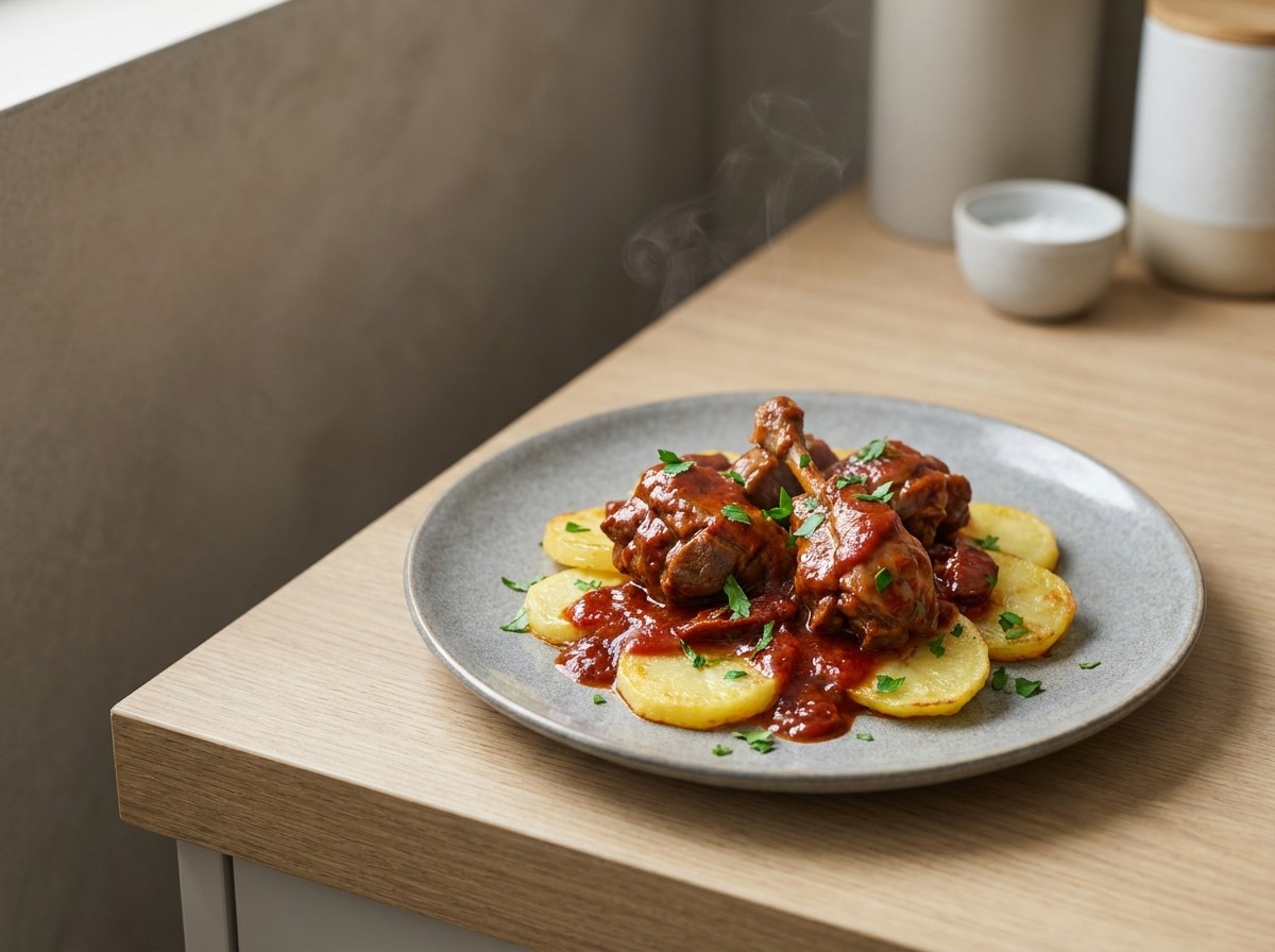 Cabrito al chilindrón en plato de cerámica gris piedra: trozos de cabrito melosos en salsa roja de choricero sobre patata panadera, con perejil.