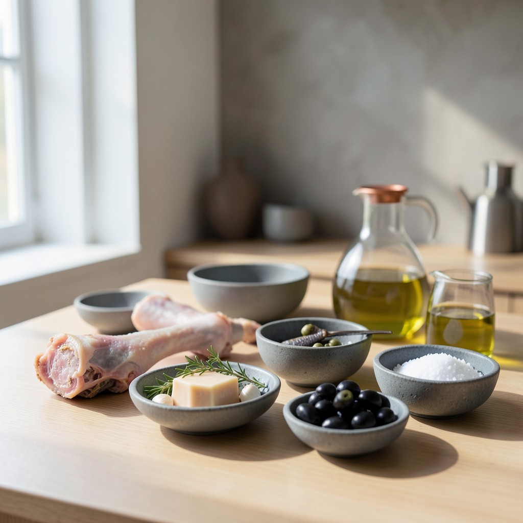 Ingredientes: piernas de cabrito lechal, grasa de ibérico, ajo, tomillo, romero, aceitunas negras, anchoas y alcaparras