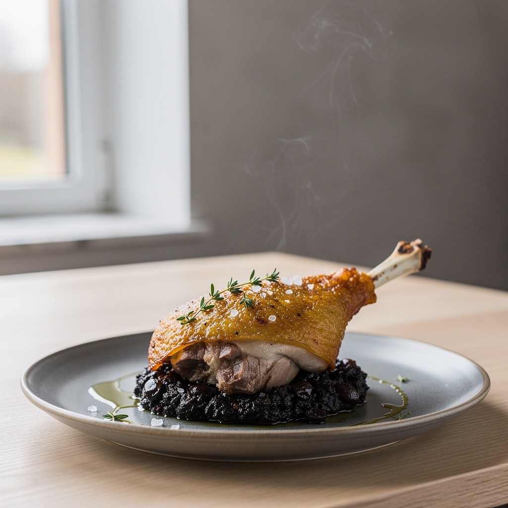 Pierna de cabrito lechal confitada en grasa de ibérico, de piel dorada y crujiente, sobre una base de tapenade de aceitunas negras con tomillo y escamas de sal, en plato de cerámica gris piedra mate.