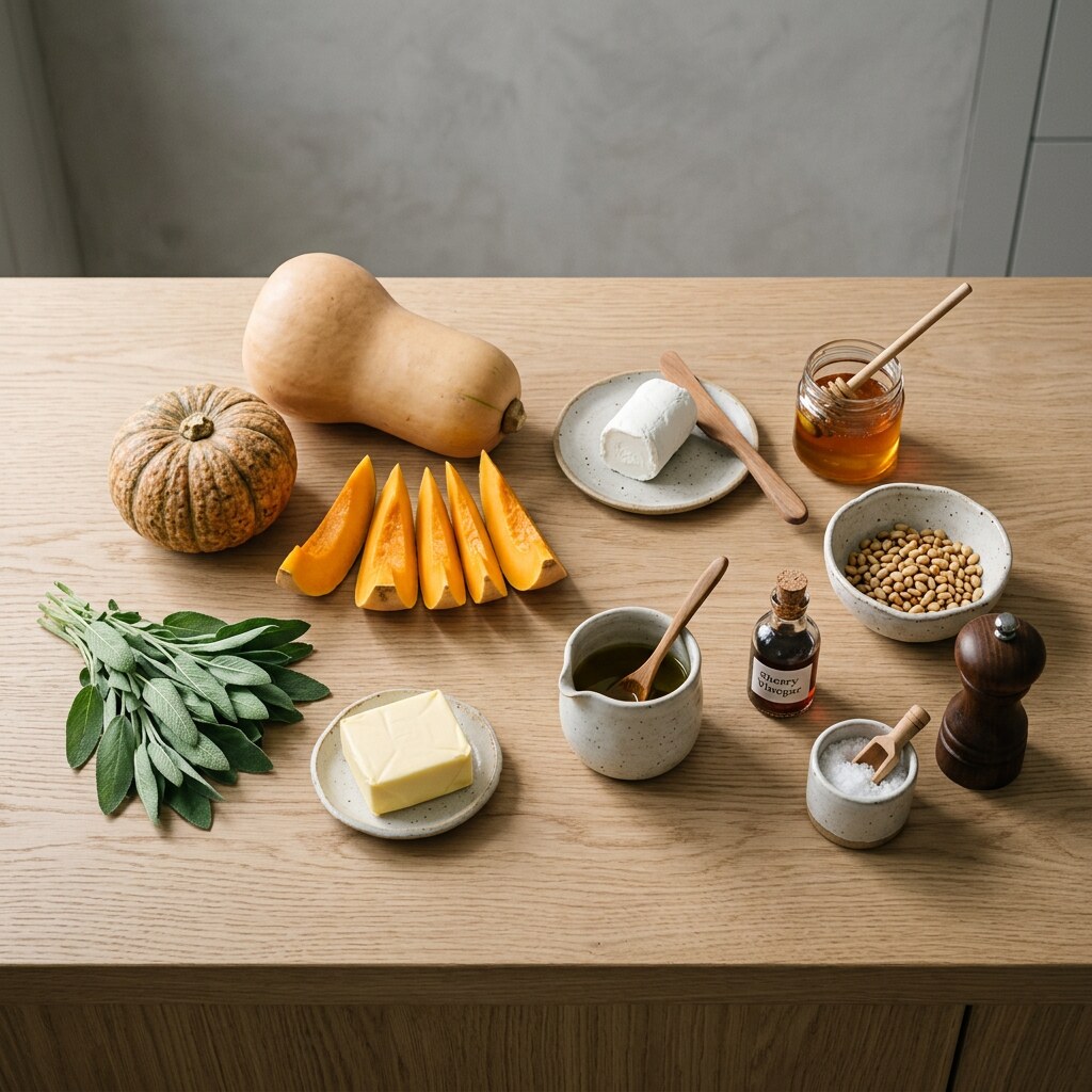 Ingredientes de la calabaza asada con queso de cabra, miel y salvia
