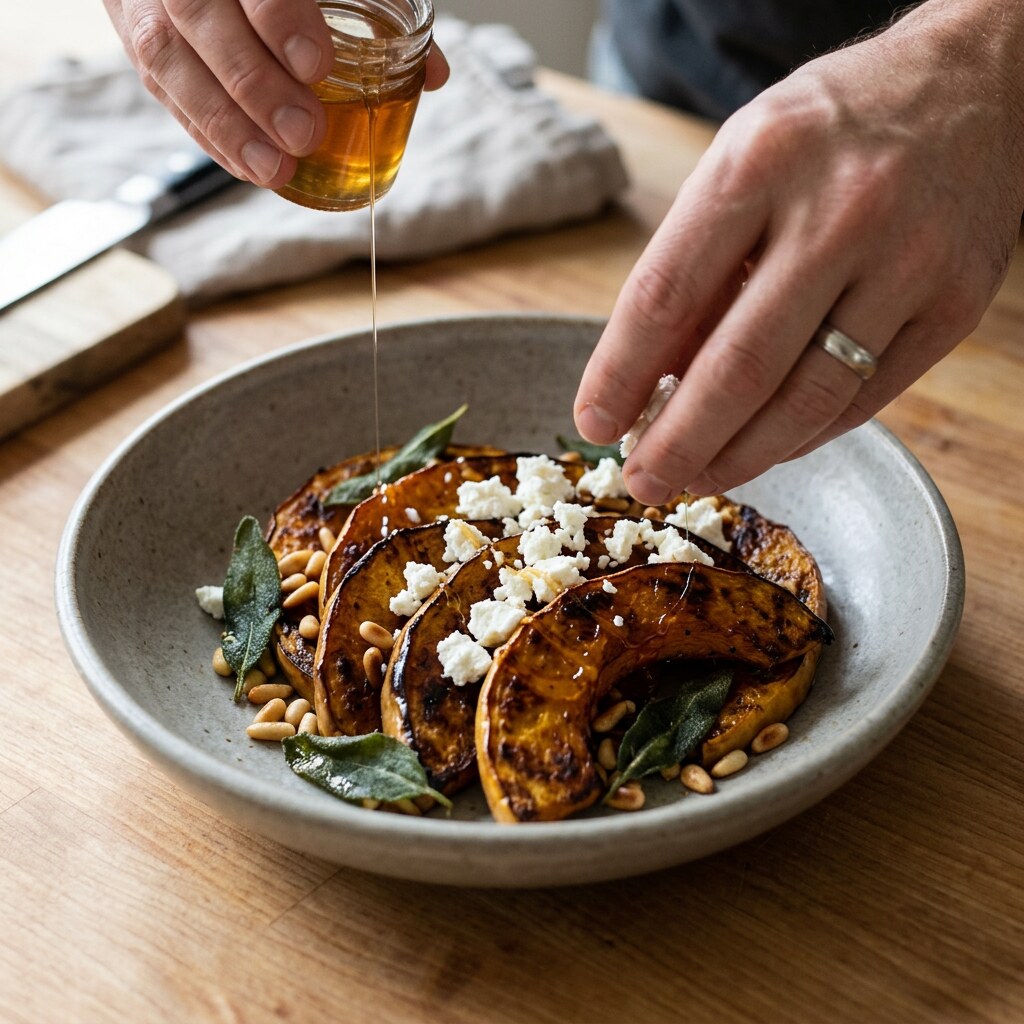 Montaje del plato con queso de cabra, miel y piñones
