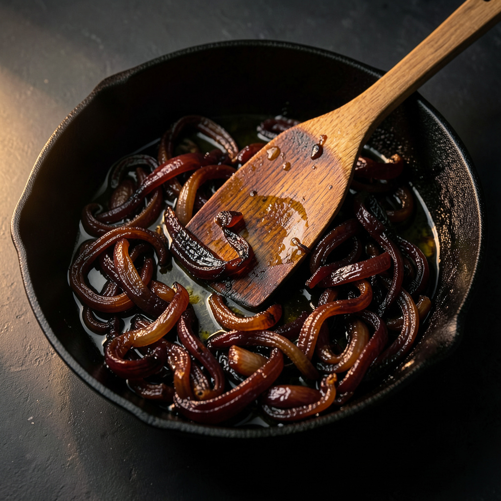 Cebolla caramelizando profundamente en cazuela de hierro