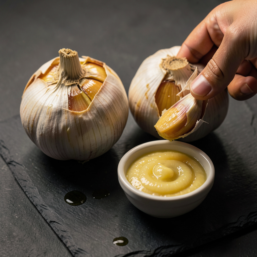 Cabezas de ajo asadas con pulpa dorada exprimida