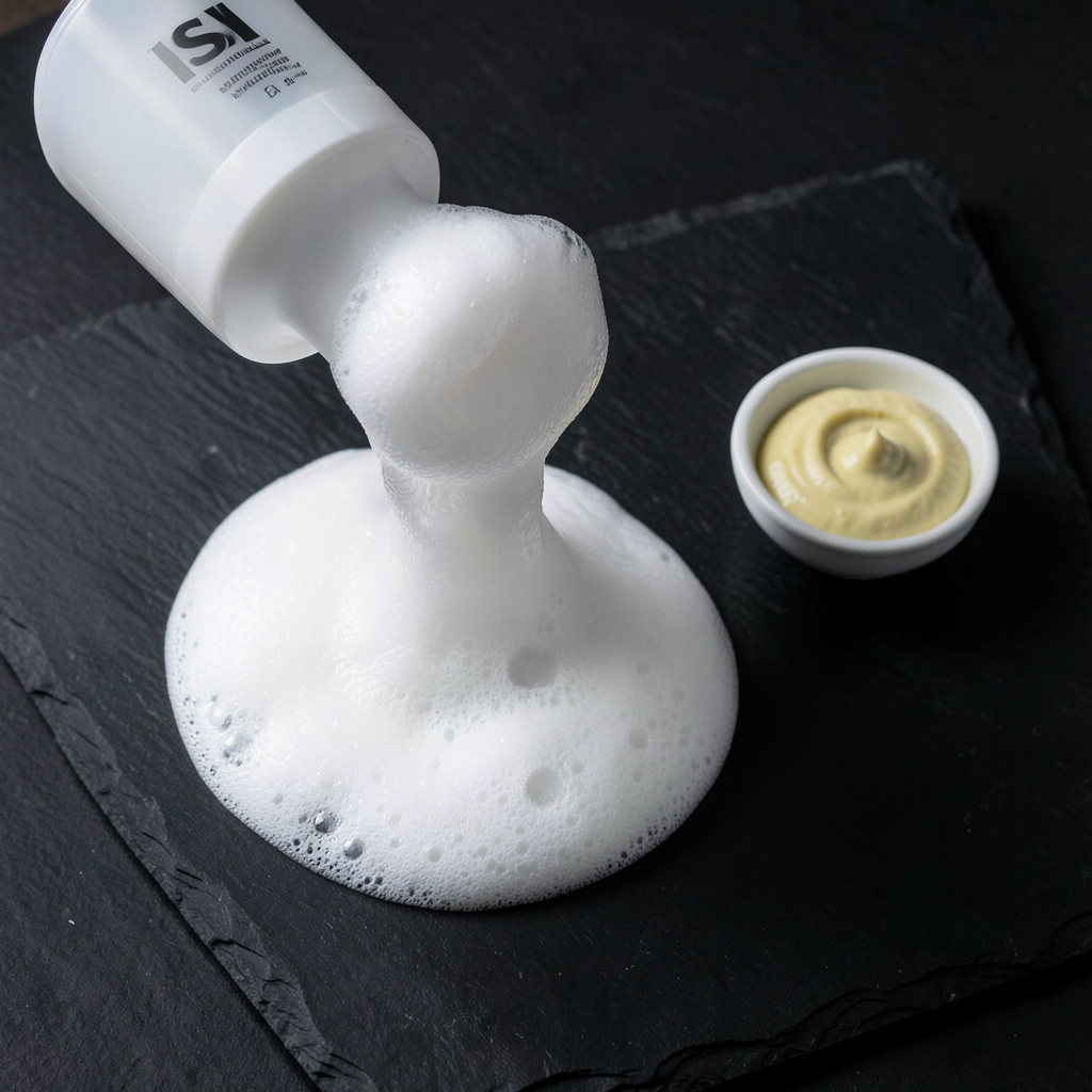 Alioli aéreo montado en sifón, espuma blanca densa