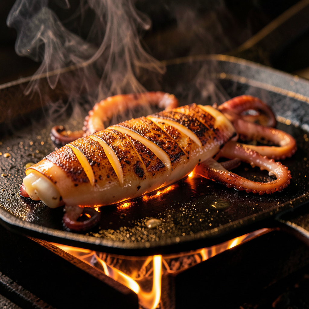 Calamar en plancha a fuego máximo, costra Maillard dorada