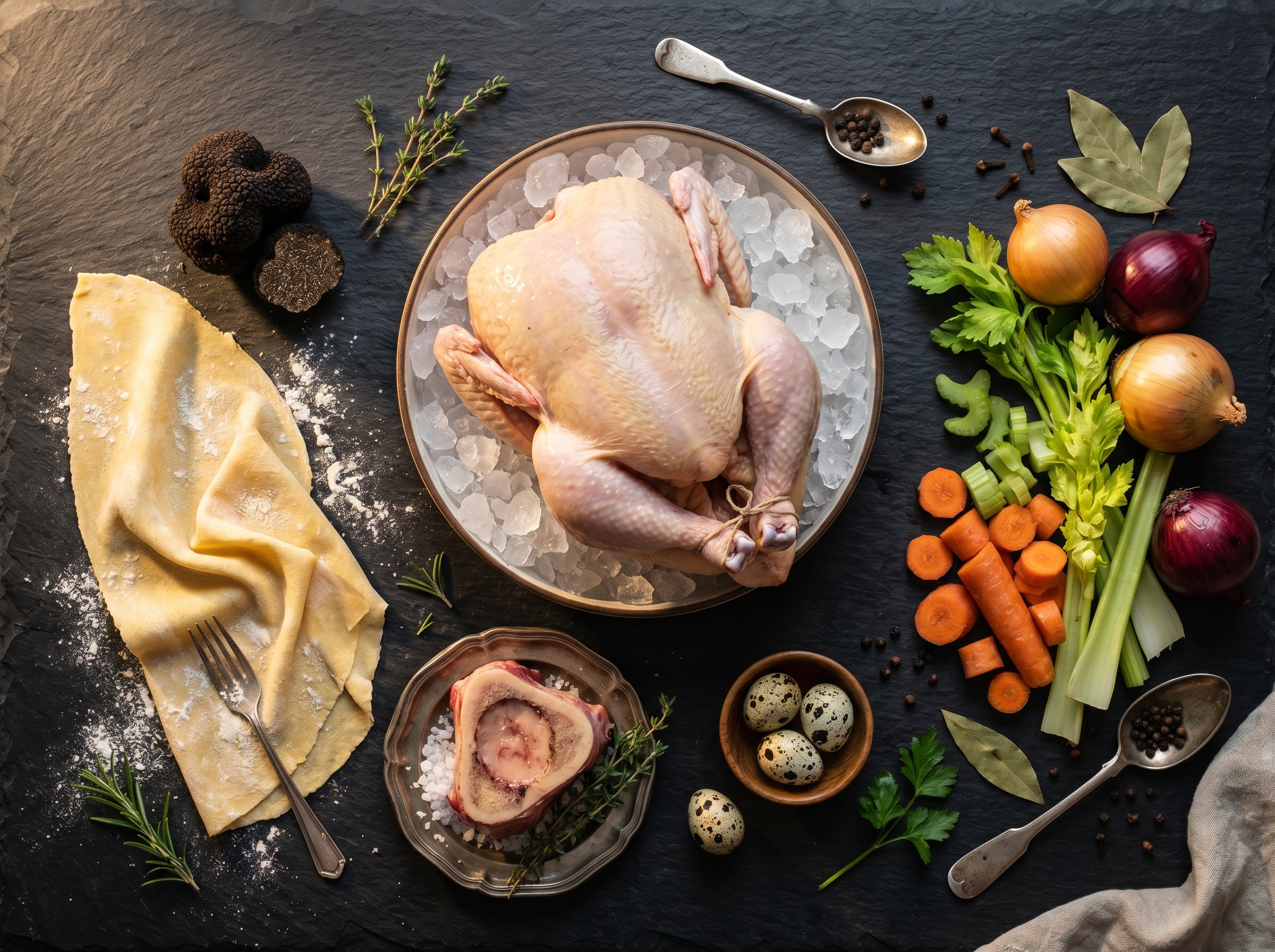Mise en place: gallina de corral, trufa negra, pasta fresca, tuétano y huevos de codorniz