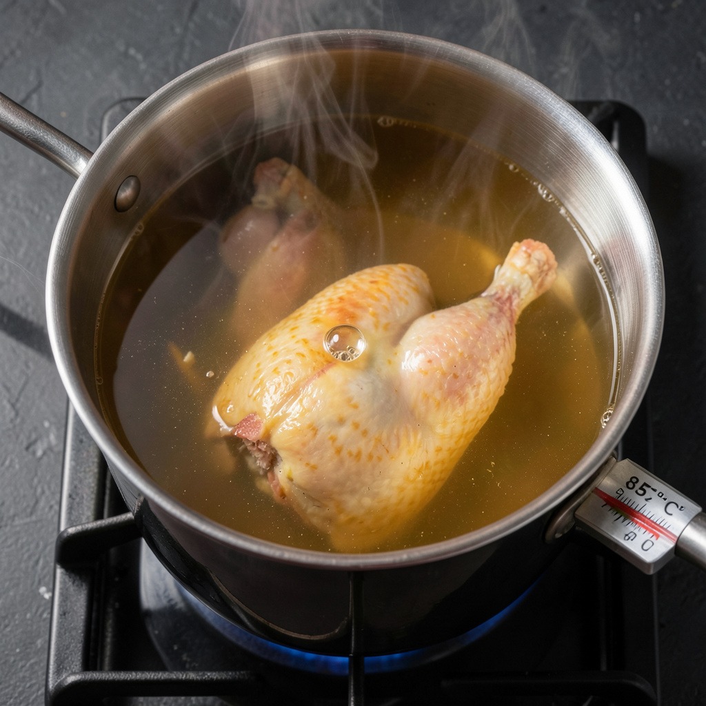 Gallina de corral cociendo a 85 °C en caldo cristalino con termómetro visible