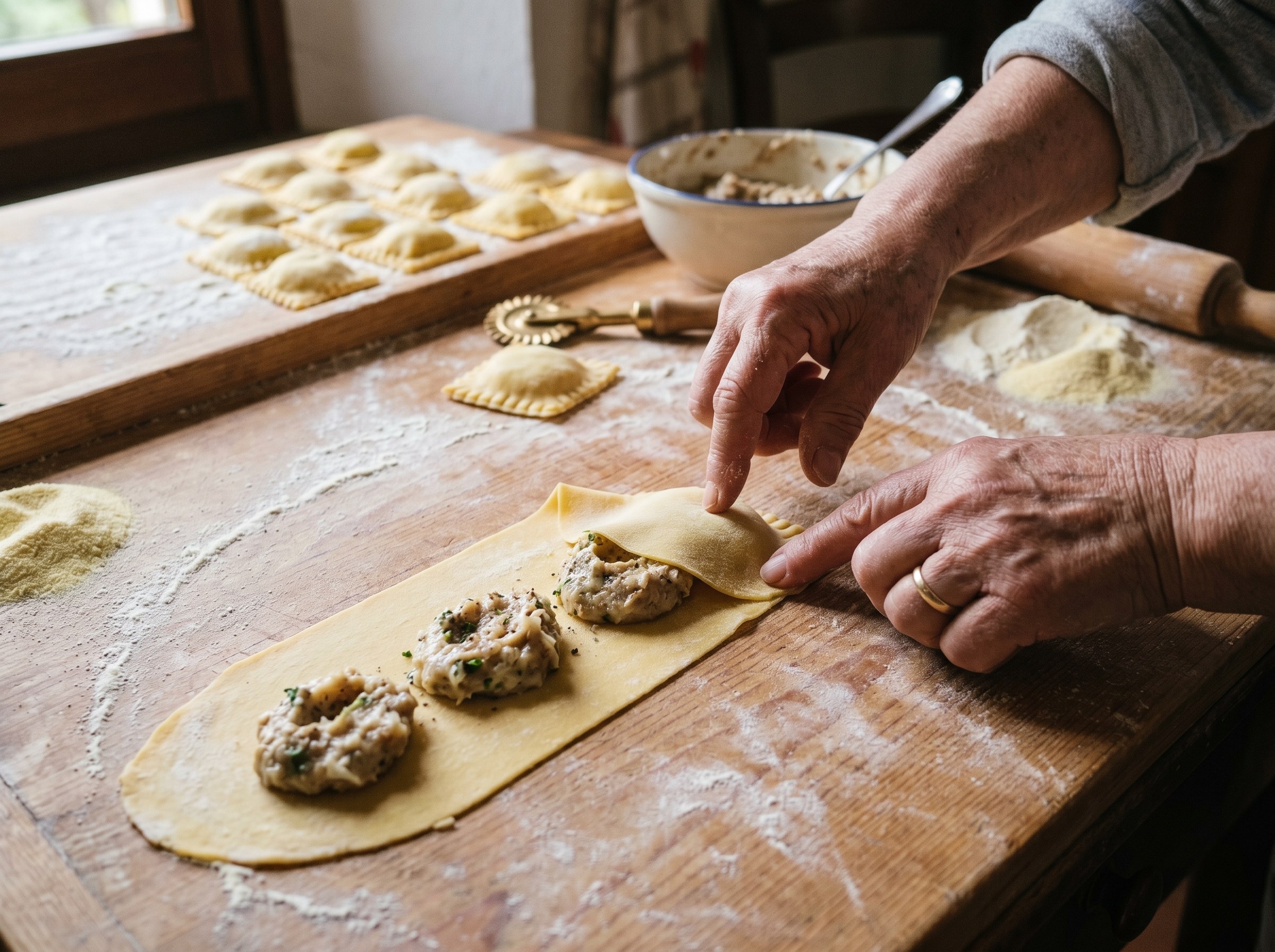 Ravioli de tuétano y parmesano siendo sellados a mano sobre masa estirada muy fina