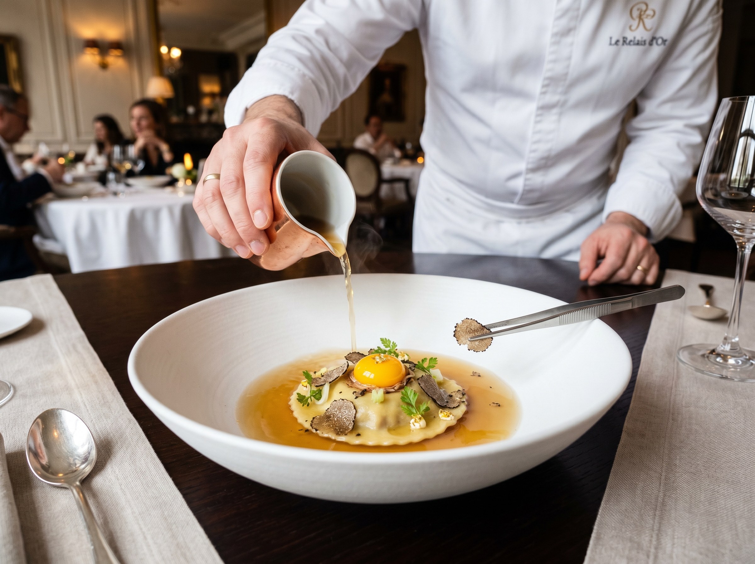 Raviolo de tuétano en taza honda con consomé trufado y yema de codorniz cruda en el centro