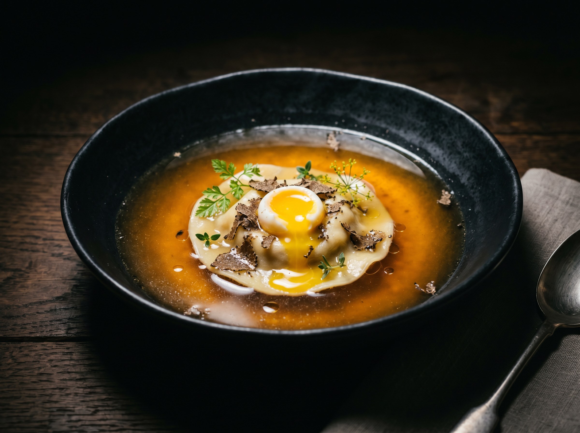 Hero: caldo de gallina trufado con raviolo de tuétano y yema de codorniz lista para romper