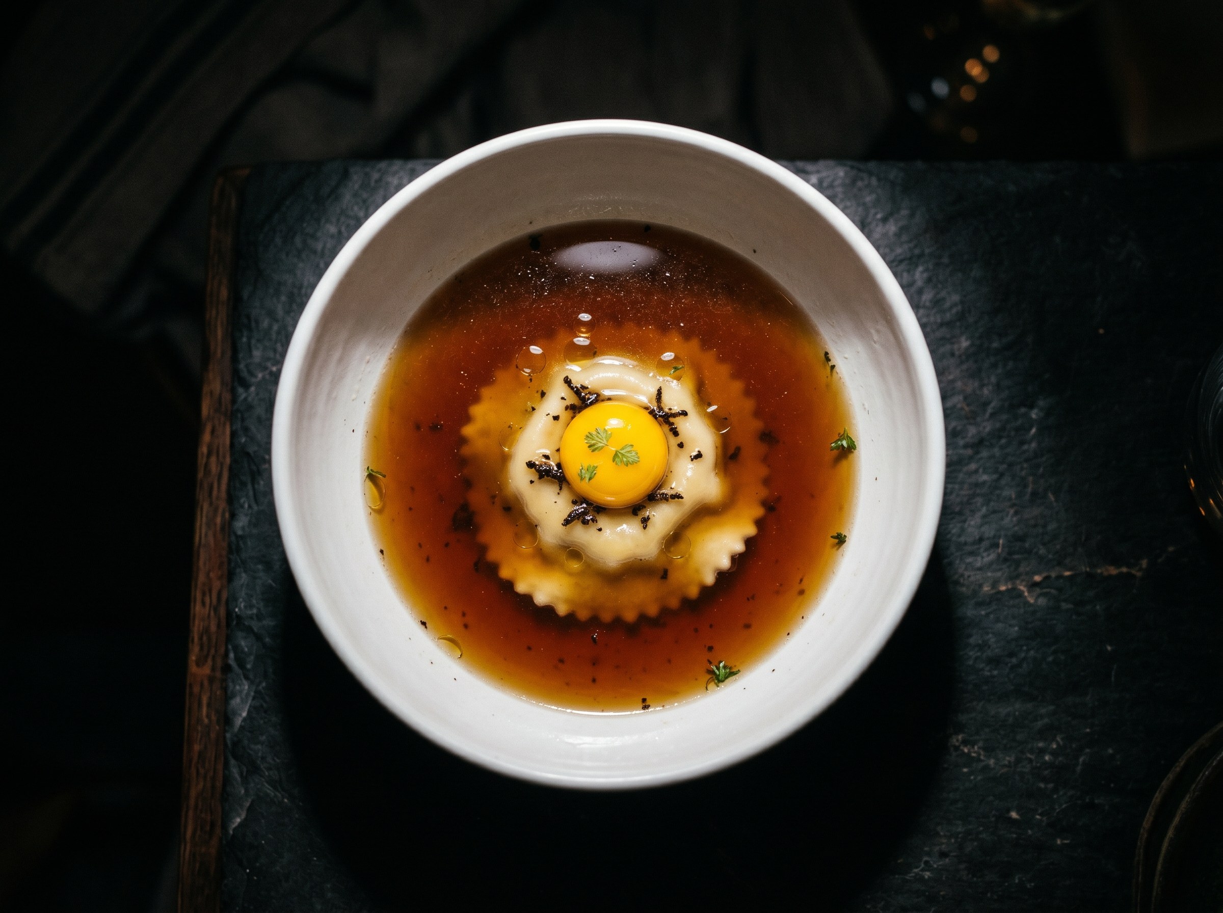 Caldo de gallina de corral trufado con ravioli de tuétano y yema de codorniz