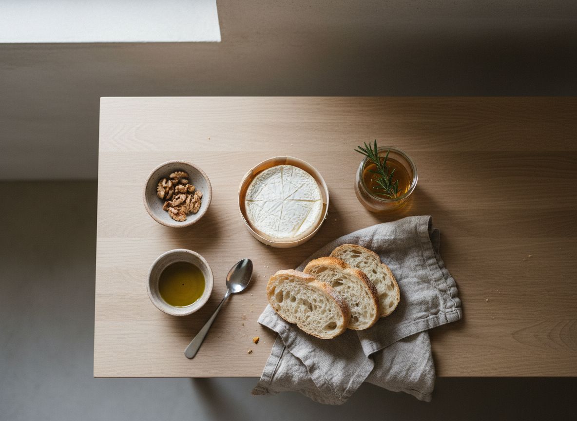 Ingredientes sobre mármol: Camembert de Normandía en su caja de chopo, miel de romero, nueces, azúcar, ajo, ramas de romero, pimienta en grano y pan de masa madre