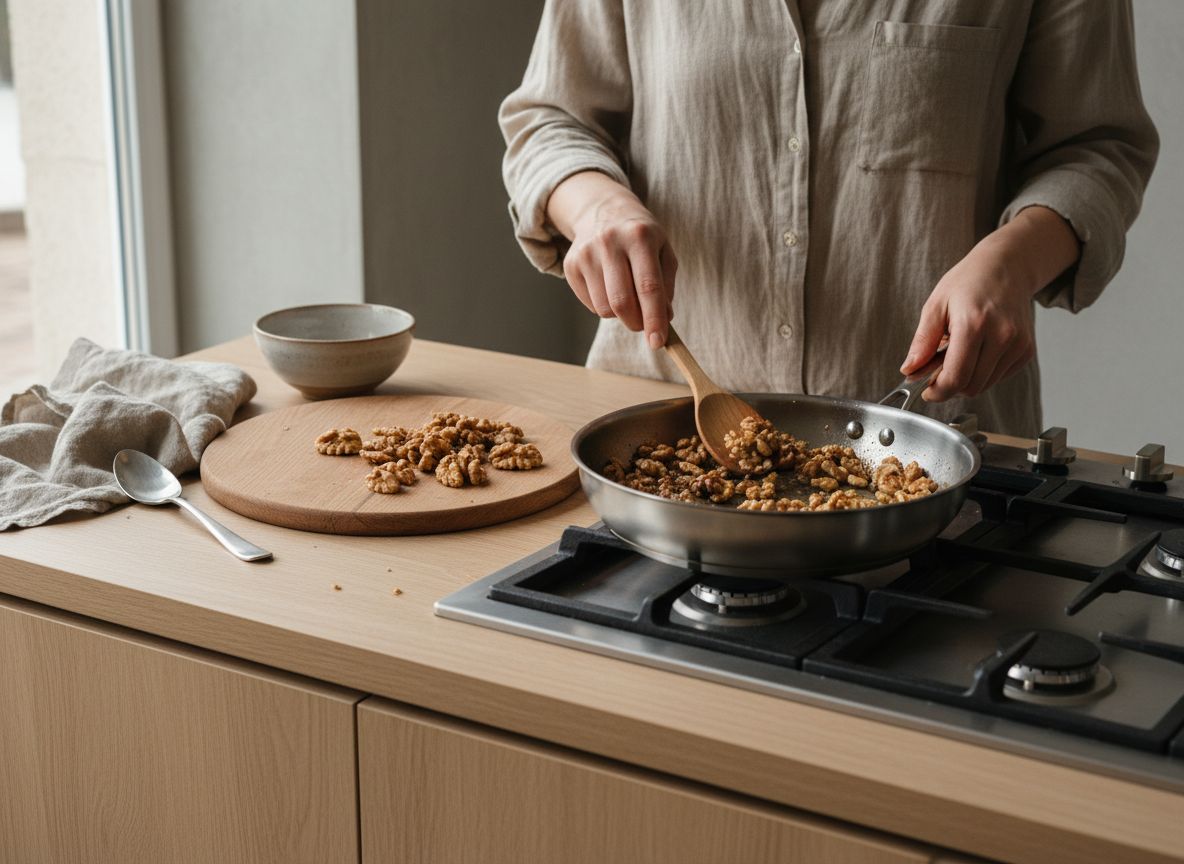 Nueces envueltas en caramelo ámbar enfriándose separadas sobre papel de horno