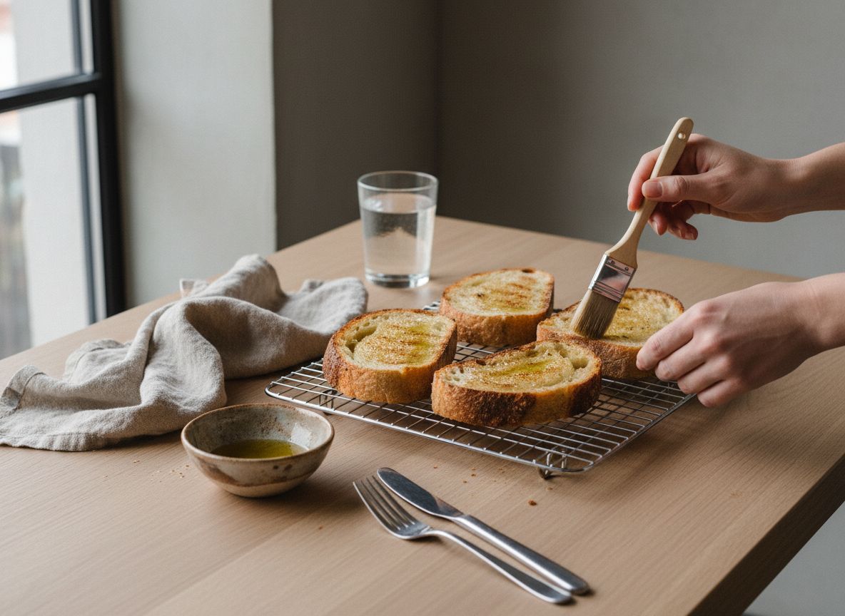 Rebanadas de pan de masa madre pinceladas con aceite y tostadas en la bandeja del horno