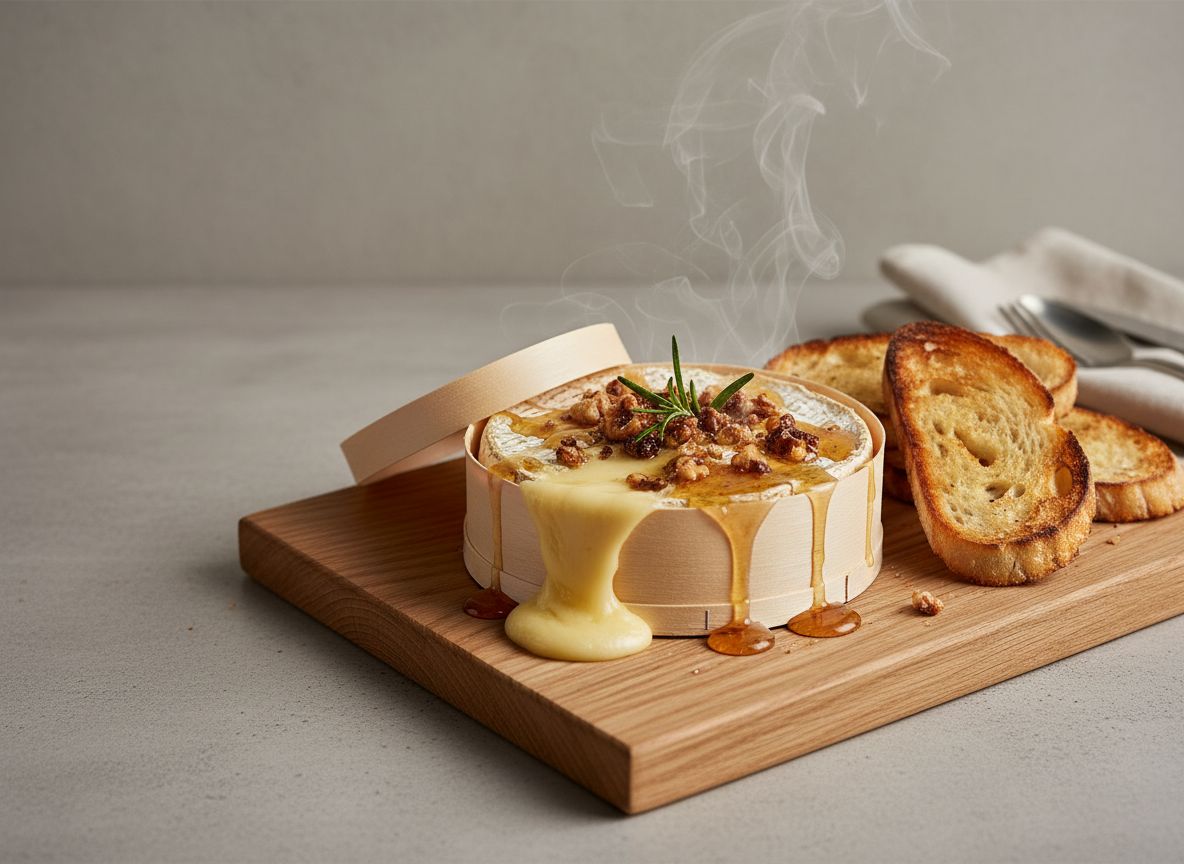 Camembert de Normandía horneado abierto en su caja de madera, con el corazón fundido brillante, miel de romero cayendo en hilo y praliné de nuez roto por encima